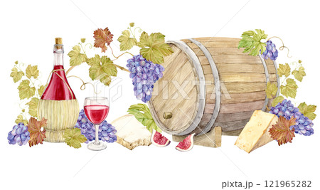 Composition with wooden barrels, purple grapes, cheese, wine bottles and glasses. Watercolor illustration for a wine list. Red wine in a straw jug, grapevine with blue and parmesan. Composition with wooden barrels, purple grapes, cheese, wine bottles and glasses. Watercolor illustration for a wine list. Red wine in a straw jug, grapevine with blue and parmesan. 121965282