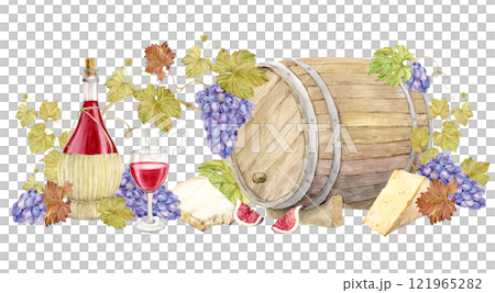 Composition with wooden barrels, purple grapes, cheese, wine bottles and glasses. Watercolor illustration for a wine list. Red wine in a straw jug, grapevine with blue and parmesan. Composition with wooden barrels, purple grapes, cheese, wine bottles and glasses. Watercolor illustration for a wine list. Red wine in a straw jug, grapevine with blue and parmesan. 121965282