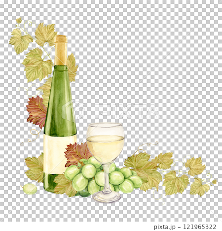 Corner composition watercolor. Branch with white grapes, and next to it a glass of white wine and a bottle of green glass. Illustration of green berries. Clipart for tasting, menu, wine list. 121965322