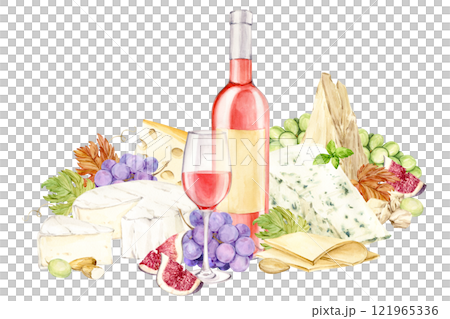 Rose wine and snack. Bottle of light wine, glass of red wine, blue grapes, brie and cheddar cheese and figs. Watercolor illustration in retro style. Composition for menu or wine list design. 121965336