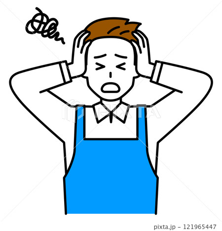 頭を抱えて悩むエプロン姿の男性 頭を抱えて悩むエプロン姿の男性 121965447