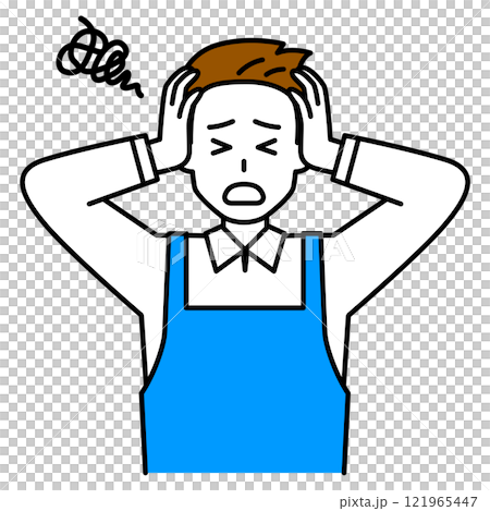 頭を抱えて悩むエプロン姿の男性 頭を抱えて悩むエプロン姿の男性 121965447