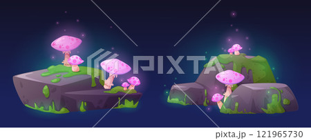 Magic pink glowing mushrooms on mossy swamp stone 121965730