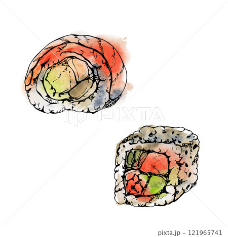 Traditional Japanese food, sushi rolls with raw fish salmon unagi tuna shrimp sesame, california philadelphia alaska, hand drawn in watercolor and ink. Elements for restaurant, cafe menu, recipe book Traditional Japanese food, sushi rolls with raw fish salmon unagi tuna shrimp sesame, california philadelphia alaska, hand drawn in watercolor and ink. Elements for restaurant, cafe menu, recipe book 121965741