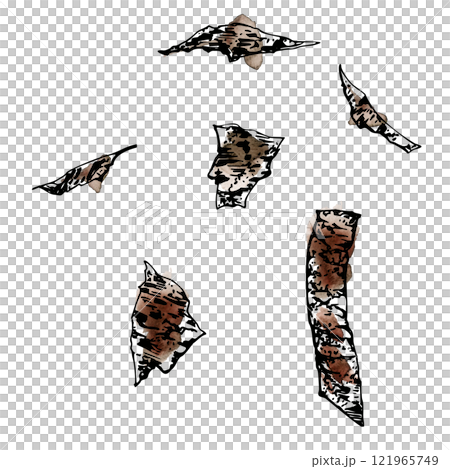 Seaweed nori flakes, dried bark chips, dead leaves, skin fur peels, shredded paper with ink paint stains. Illustration hand drawn in watercolor and ink for shop poster, nature brochure, abstract art 121965749