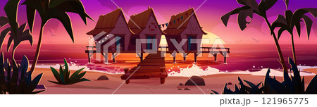 Tropical beach huts panorama 121965775