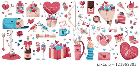 Valentine's day hand drawn cute elements set. Lovely vintage stickers in doodle style. Mailbox, bird, candy, cake, gift, champagne, hearts, etc. 121965883