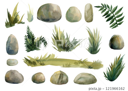 stones, plants illustration, hand-painted green leaves, rocks white background, watercolor natural elements for design 121966162