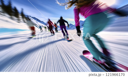 Group of friends snowboarding down the mountain Group of friends snowboarding down the mountain 121966170