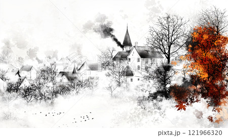 Smoke rising from chimney in european village covered in snow with autumn foliage 121966320