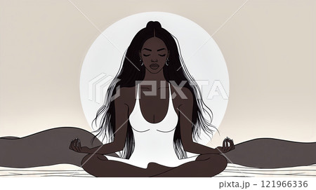 Young black woman meditating in lotus position with minimalist background Young black woman meditating in lotus position with minimalist background 121966336