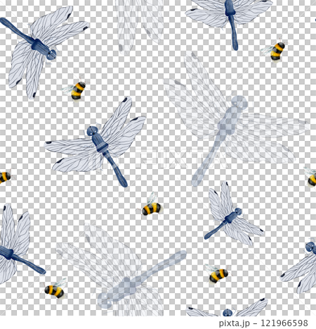 Blue dragonflies and bees. Seamless pattern on white background creating a stylish natural composition, done in a watercolour minimalist. Hand drawn. for textiles, packaging, wallpaper, scrapbooking. Blue dragonflies and bees. Seamless pattern on white background creating a stylish natural composition, done in a watercolour minimalist. Hand drawn. for textiles, packaging, wallpaper, scrapbooking. 121966598