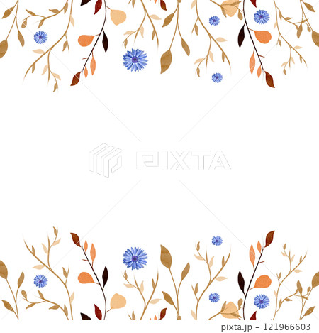 Watercolor composition of autumn leaves and blue flowers on white background. Stylish border with autumn plants and wildflowers for printing, web design. Hand drawn. Suitable for cards, invitations 121966603