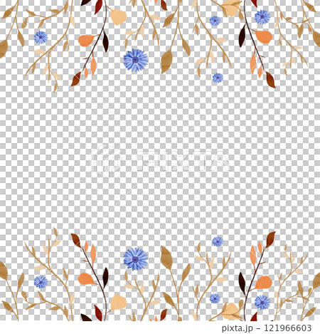 Watercolor composition of autumn leaves and blue flowers on white background. Stylish border with autumn plants and wildflowers for printing, web design. Hand drawn. Suitable for cards, invitations 121966603
