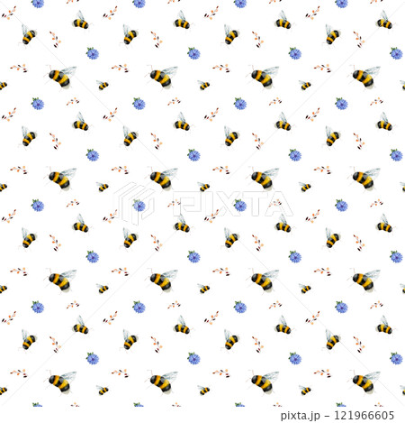 Bumblebee, chamomile, twigs. Seamless watercolour pattern, hand drawn on a white background. Minimalistic vintage style. Ideal for textiles, printmaking, scrapbooking Bumblebee, chamomile, twigs. Seamless watercolour pattern, hand drawn on a white background. Minimalistic vintage style. Ideal for textiles, printmaking, scrapbooking 121966605