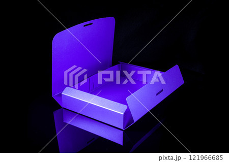 Best gift for men. Man gift concept. Blue open gift box on black background. Copy space for your text. Valentine's day, wedding, birthday and special occasion gift concept. Copy space for text. 121966685