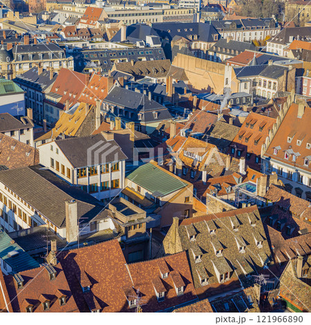 Aerial view of Strasbourg old city with red roof tiles Aerial view of Strasbourg old city with red roof tiles 121966890