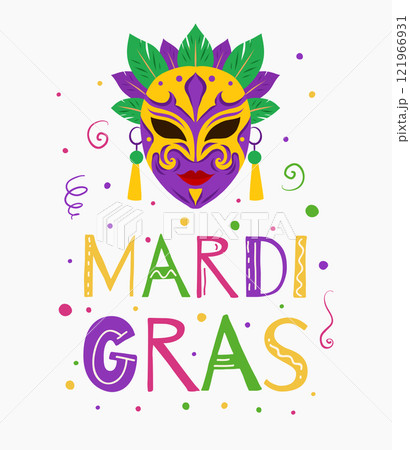 Vector vertical poster with masquerade mask, confetti and lettering on white background. Mardi Gras celebration. Fat Tuesday. Vector vertical poster with masquerade mask, confetti and lettering on white background. Mardi Gras celebration. Fat Tuesday. 121966931