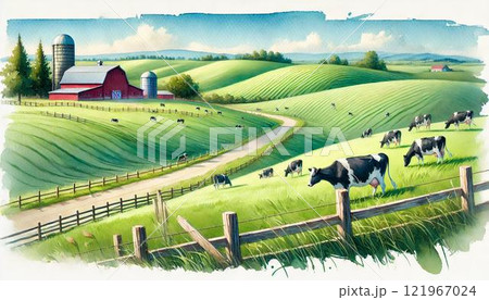 牛のいる牧場風景・酪農のイラスト素材 [121967024] - PIXTA