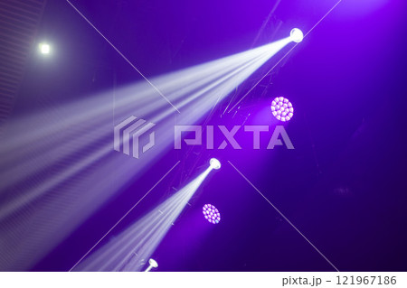 Stage lighting fixtures, blue, purple and pink lighting. Stage lighting fixtures, blue, purple and pink lighting. 121967186