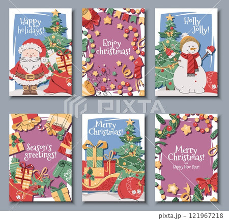 Set of Christmas greeting cards with Santa Claus, snowman, gifts, a wreath, gift box, a garland, and confetti on a pink background in a flat cartoon style. Vector illustration for poster, banner Set of Christmas greeting cards with Santa Claus, snowman, gifts, a wreath, gift box, a garland, and confetti on a pink background in a flat cartoon style. Vector illustration for poster, banner 121967218