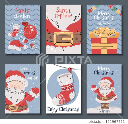 Set of Christmas cards with cheerful Santa Claus in red suit waving hand on snowy blue background in flat cartoon style. Vector illustration for poster, banner, invitation, etc 121967221