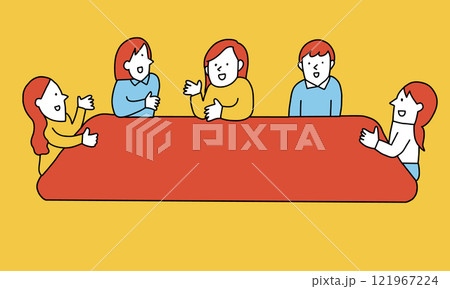 大きなテーブルを囲んで会話する女性たちのイラストレーション 121967224