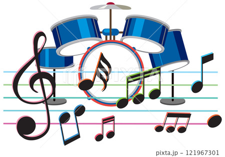 Vibrant Musical Notes and Drum Set Vibrant Musical Notes and Drum Set 121967301