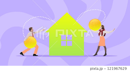 Conceptual art collage. Man and woman holding coins near green house, symbolizing investment in property or savings, with dotted lines connecting them Conceptual art collage. Man and woman holding coins near green house, symbolizing investment in property or savings, with dotted lines connecting them 121967629