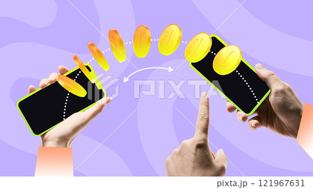 Contemporary art collage. Two phones transferring coins, symbolizing seamless digital transactions and currency exchange. 121967631