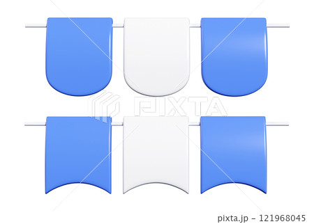 Party bunting set of alternating blue and white flags in 3d render. Decorative hanging pennants with rounded and concave bottom edges on horizontal pole. Simple holiday celebration garland elements. 121968045