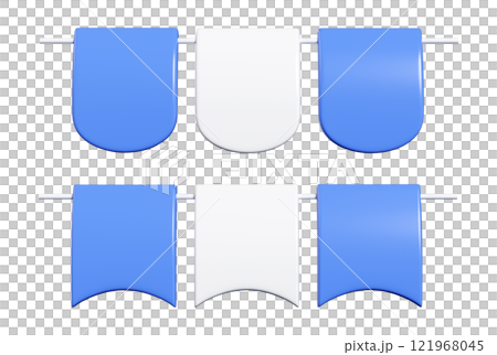 Party bunting set of alternating blue and white flags in 3d render. Decorative hanging pennants with rounded and concave bottom edges on horizontal pole. Simple holiday celebration garland elements. 121968045