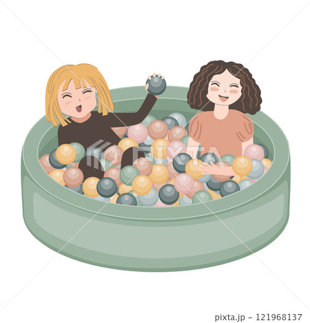 Happy kids playing in dry ball pool. Vector isolated illustration. 121968137