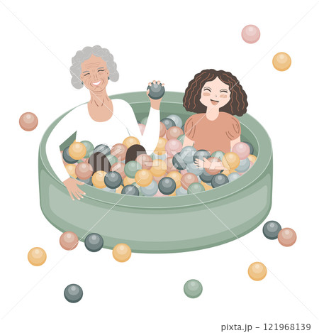 Happy grandmother and granddaughter playing in dry ball pool. Vector isolated illustration. 121968139