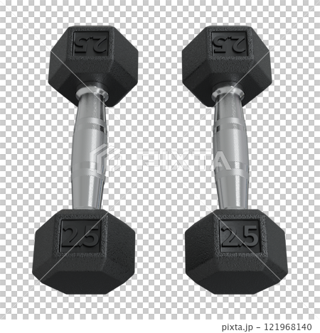 Two Hex Dumbbells with number 2.5, weightlifting gym equipment top view 121968140