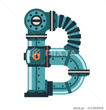 Letter B depicted with various industrial pipes and robotic components 121968448