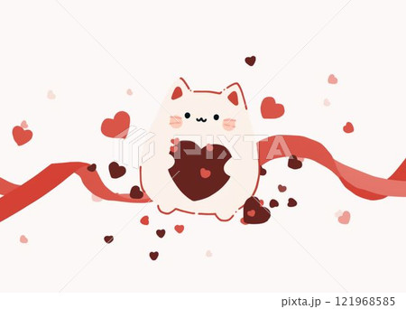 ハートを抱えた猫とリボンのイラスト 121968585