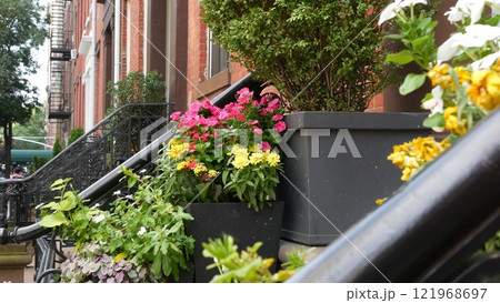 New York City townhouse building, Brooklyn Heights residential brownstone house architecture in USA. New York City townhouse building, Brooklyn Heights residential brownstone house architecture in USA. 121968697