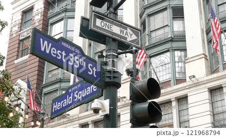 New York City crossroad, street intersection road sign. Manhattan Broadway, Herald Square, Midtown. 121968794