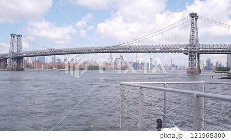 New York City skyline from ferry boat. Manhattan midtown, East river, Williamsburg Bridge, USA. New York City skyline from ferry boat. Manhattan midtown, East river, Williamsburg Bridge, USA. 121968800
