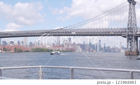 New York City skyline from ferry boat. Manhattan midtown, East river, Williamsburg Bridge, USA. New York City skyline from ferry boat. Manhattan midtown, East river, Williamsburg Bridge, USA. 121968861