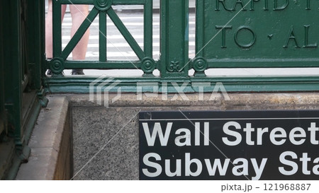 New York subway sign, Wall street underground metro station. Metropolitan entrance. Stock Exchange. 121968887