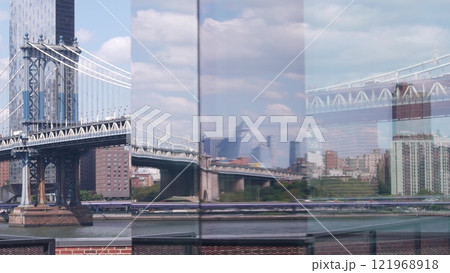 New York City Manhattan Bridge to Brooklyn Dumbo. Hudson Yards reflection, USA. Market rooftop view. New York City Manhattan Bridge to Brooklyn Dumbo. Hudson Yards reflection, USA. Market rooftop view. 121968918
