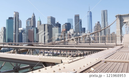 Brooklyn Bridge to Manhattan downtown. New York City skyline cityscape. World Trade Center, USA. Brooklyn Bridge to Manhattan downtown. New York City skyline cityscape. World Trade Center, USA. 121968953