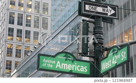 New York City crossroad, 42 street intersection road sign. 6 Sixth ave, Americas avenue. Bryant park 121968987