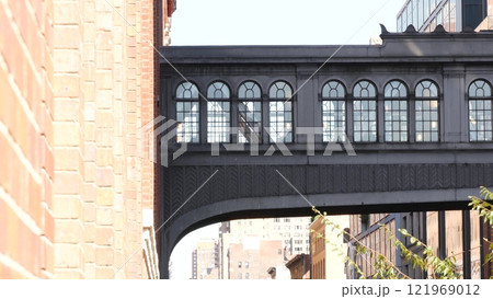 New York City street, Chelsea Market skybridge. Industrial architecture. Manhattan High Line, USA. 121969012