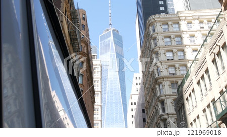 New York City Manhattan, Downtown Financial District. NYC World Trade Center from Fulton street, USA New York City Manhattan, Downtown Financial District. NYC World Trade Center from Fulton street, USA 121969018
