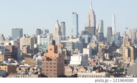 New York City Manhattan skyline cityscape. Empire State Building. Rooftop, residential houses roofs. 121969080