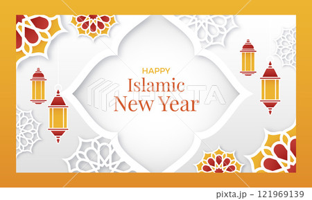 Paper style islamic new year twitch background with lanterns and flowers Paper style islamic new year twitch background with lanterns and flowers 121969139