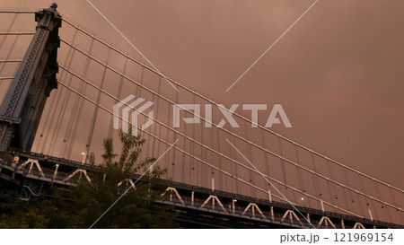 Manhattan Bridge to Brooklyn Dumbo. New York City symbol, USA. Evening sunset cloudy sky before rain Manhattan Bridge to Brooklyn Dumbo. New York City symbol, USA. Evening sunset cloudy sky before rain 121969154